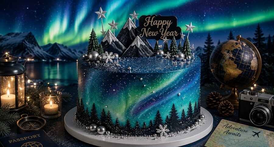 4. Northern Lights Adventure – Blue and Green Galaxy Cake