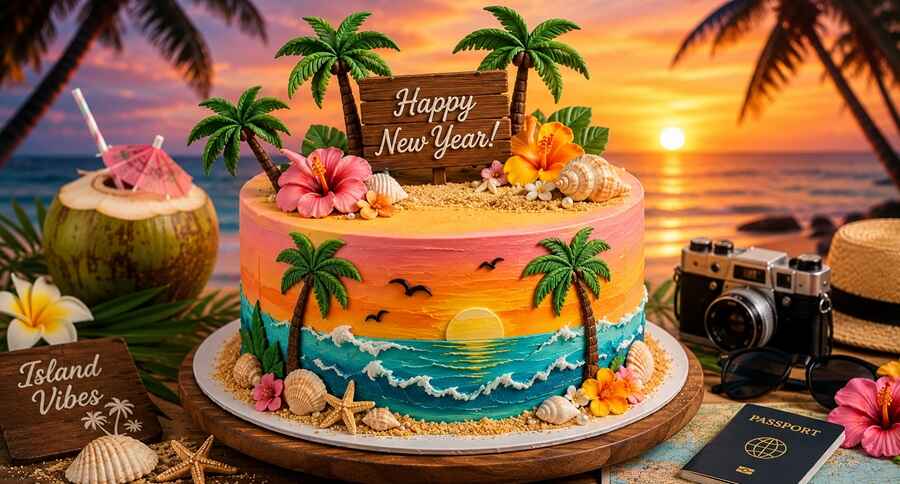 5. Tropical Island Escape – Palm Tree & Sunset Cake