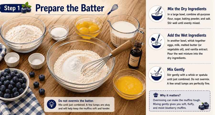 Step 1;= Prepare the Batter (Blueberry Muffins) j